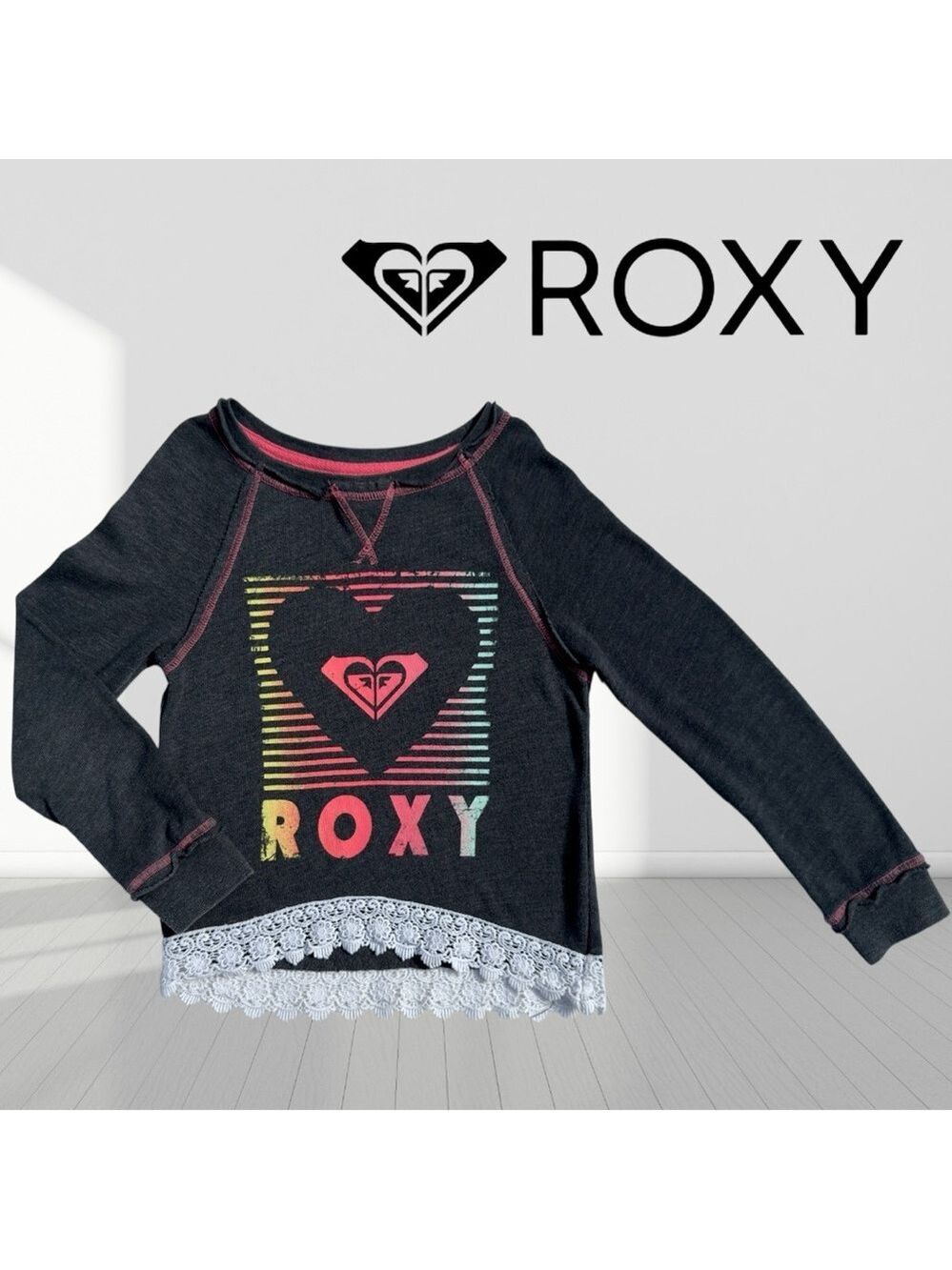 Roxy Girls' Charcoal Long Sleeve Top with Rainbow Heart